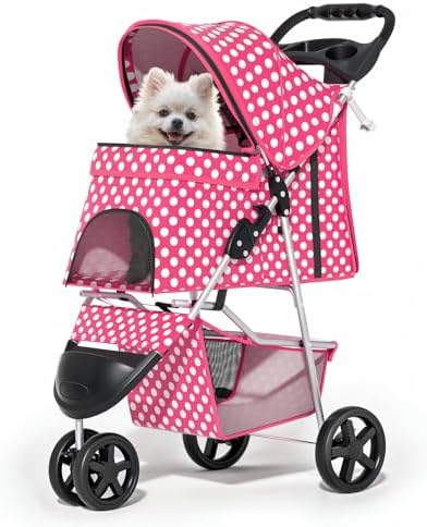 MoNiBloom Pet Stroller for Small/Medium Dogs and Cats, Hot Pink Polka Dots