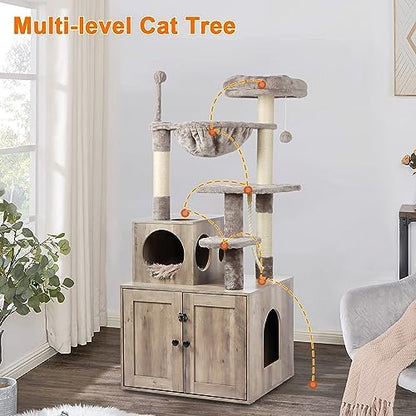 Timberer Cat Tree with Litter Box Enclosure, 2-in-1 Cat Tower