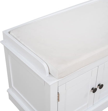 Storage Bench with 4 Doors and Adjustable Shelves, Shoe Bench with Removable Cushion for Living Room, Entryway 42.7" L x 16" W x 17.4" H (White)