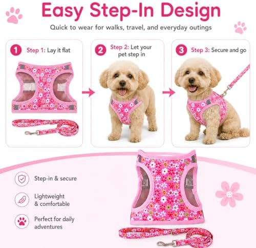 Step in Dog Harness Leash Set- All Weather Reflective No-Pull Floral Pattern