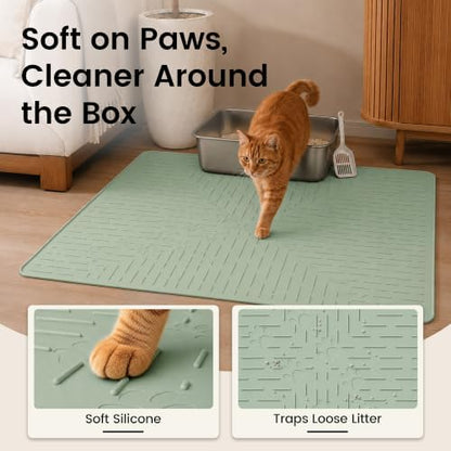 OHMO Large Cat Litter Mat, 31.5x23.6 Silicone Trapping Mat Sage Green