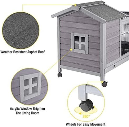 Aivituvin Wooden Rabbit Hutch with Removable Wire Floor Grid, Bunny Cage with Deeper Leakproof Tray 4 Wheels Include