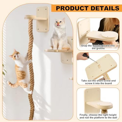 Cat Wall Shelves with 2 x 60 Inch Climbing Rope, Wall Mounted Cat Tree