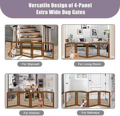 LZRS 4-Panel Extra-Wide Wooden Freestanding Dog Gate: Foldable Solid Wood and