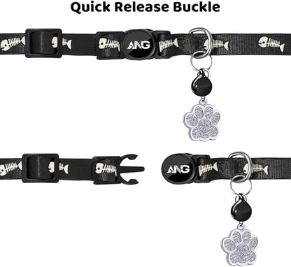 Personalized Breakaway Cat Collars Glow-in-The-Dark with ID Tag, Bell - Safety Quick - Release, Customizable for Female Male Kittens & Cats (Black)