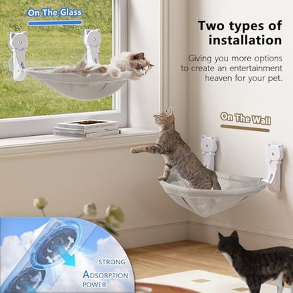 JUNSPOW Cat Window Perch Cordless, Foldable & Stable Cat Beds- Breathable Cat