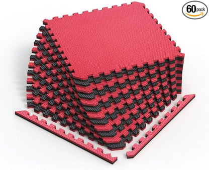 Norsk Reversible Gym Exercise Mats 3/4" Thick EVA Interlocking Foam Tiles, Perfect Home Gym Flooring, 20 Tiles & 40 Trim Pieces, 80 Sq. Ft. Reversible, Red/Black