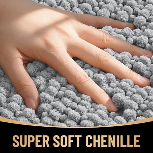 OLANLY Thick Chenille Small Bathroom Rugs Mats 24x16, Light Grey