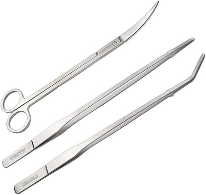 Aquarium Tweezer Set - FEITA Long Stainless Steel Curved & Straight Aquarium Feeding Tweezers Scissors Maintenance Tools Kit (3 Pcs)