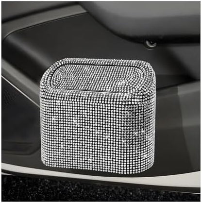 Bling Car Trash Can with Lid, Sparkly Mini Crystal Litter Container Auto