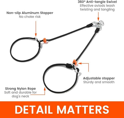 Howgo Double Slip Leash Slip Lead | Dual Dog Lead for 2 Dogs,360° Swivel No Tangle | Dog Training Nylon Leash and Collar | Double Clip Coupler and Splitter | Lightweight Aluminum (Multicolor, 3FT)