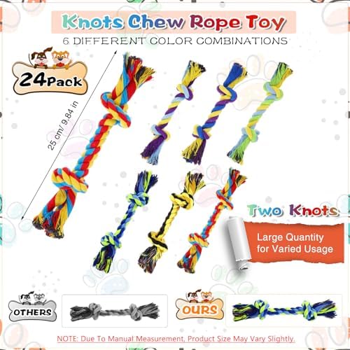 24 Pack Dog Rope Toys 10 Inch Cotton 2 Knot Chew