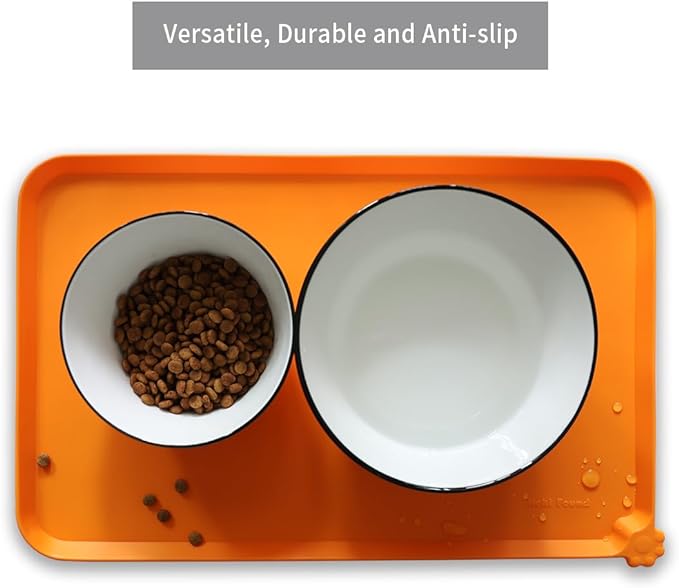 Hoki Found Silicone Non Slip Pet Feeding Mats - Bowl Placemat - Waterproof Dog Cat Food Mats - Orange