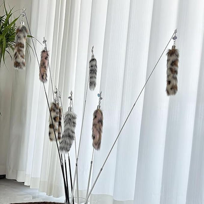 Interactive Cat Wand Toy with Cat Dancer, Retractable Feather Fox Tail Teaser for Indoor Cats, Enrichment Play Kittens to Senior Cats(Arctic White)