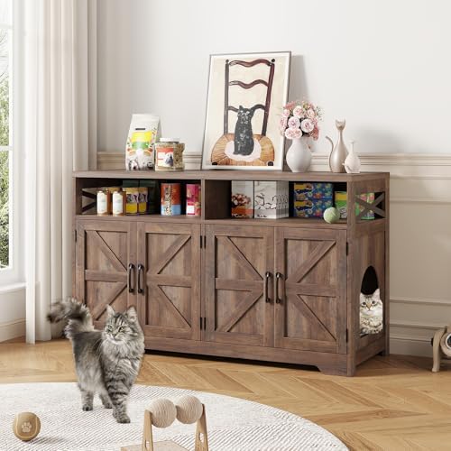Cat Litter Box Enclosure for 2 Cats, Farmhouse Indoor Litter Box Cabinet TV