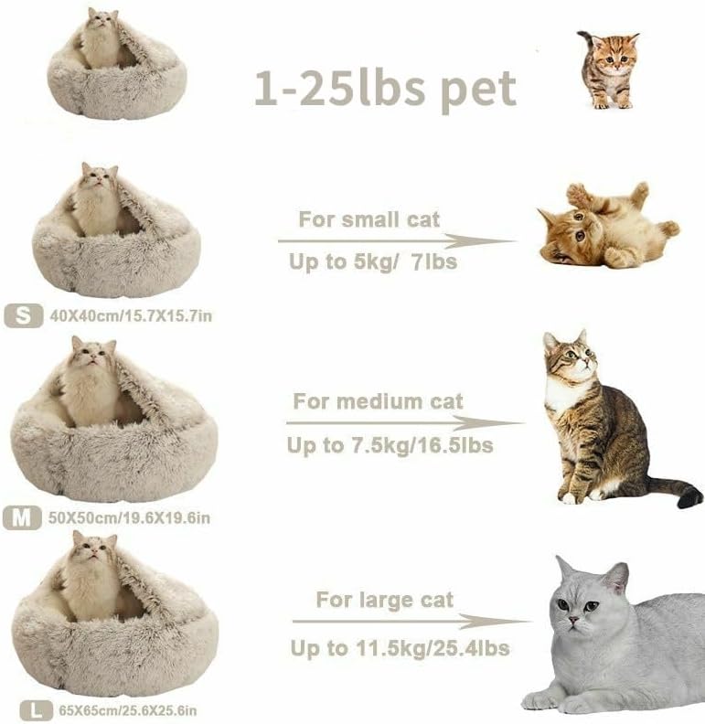 Round Fluffy Hooded Cat Bed Cave, Anti-Anxiety Cave Bed