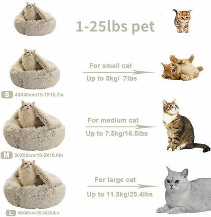 Round Fluffy Hooded Cat Bed Cave, Anti-Anxiety Cave Bed