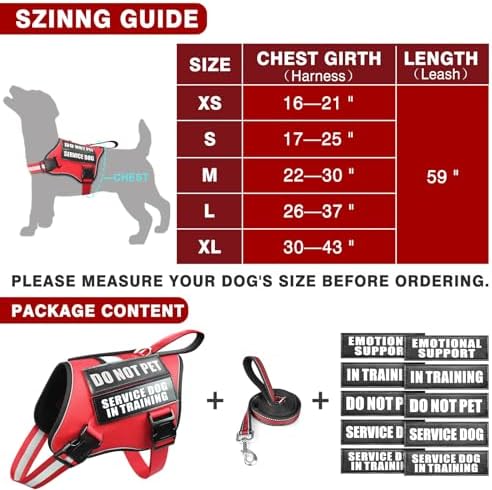 Service Dog Vest Harness and Leash Set+10 Patches, No Pull&Adjustable