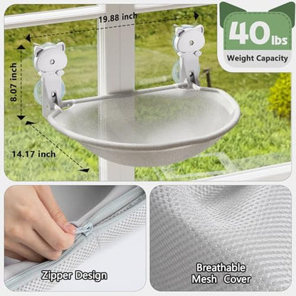 JUNSPOW Cat Window Perch Cordless, Foldable & Stable Cat Beds- Breathable Cat