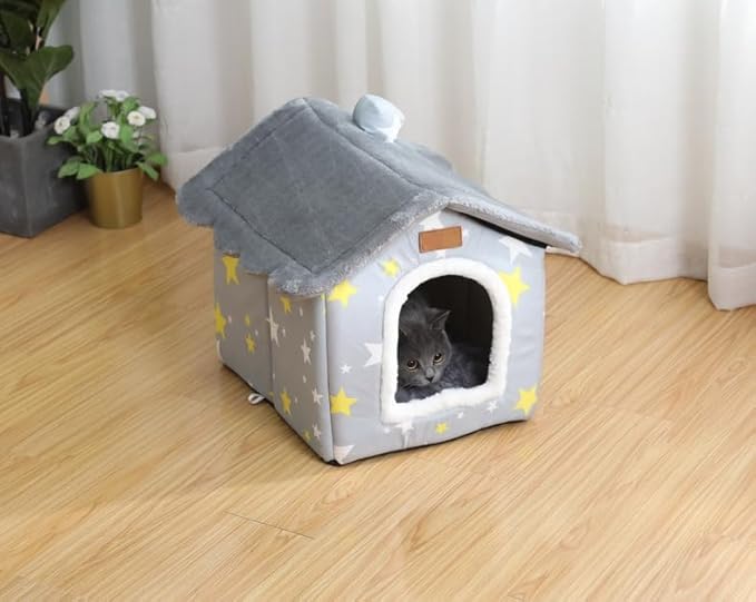 Scnbom Dog House Indoor Puppy Cave Cat Nest Kennel Pet Bed Portable Memory Sponge Foldable Houses with Cushion (Grey, M:Size fits 7.5kg/17lbs (Pets))