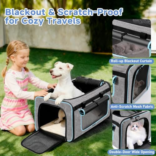 Large Pet Carrier with Detachable Wheels, 2 IN1 Foldable Soft-Sided Carriers-