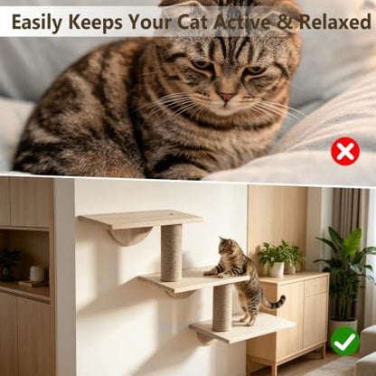 Cat Wall Ladder, 3-Level Cat Climbing Shelf, Solid Pine Wood Pet Wall Perch