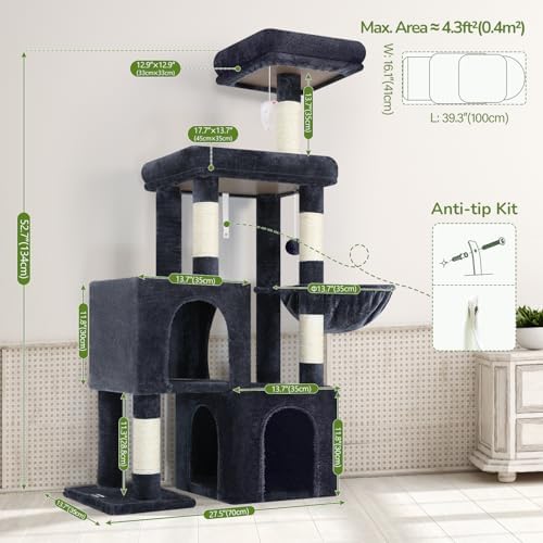 Globlazer 52in Cat Tree Tower for Indoor Cats, 2 Condos, Dark Grey