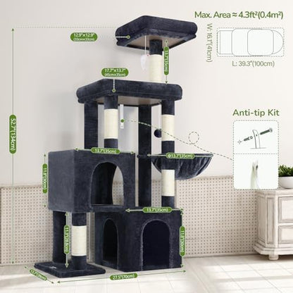 Globlazer 52in Cat Tree Tower for Indoor Cats, 2 Condos, Dark Grey