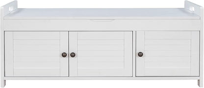 Storage Bench with 3 Shutter-Shaped Doors, Pine Wood Shoe Bench with Removable Cushion and Hidden Storage Space for Living Room, Entryway 43.5" L x 16" W x 18" H (White)