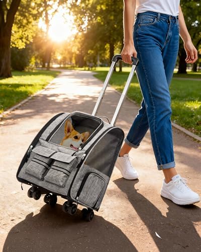 Rolling Pet Carrier Set with Wheels, & 1 Bowl