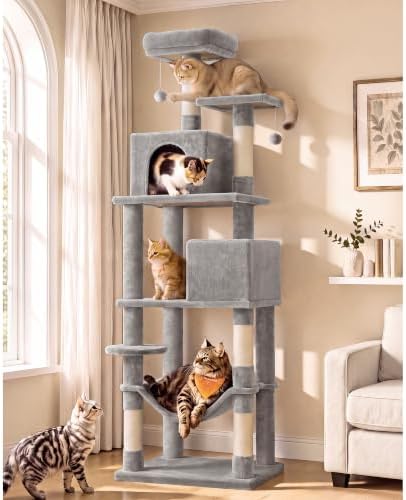 Feandrea Cat Tree, 73.2-Inch Cat Tower, Light Gray