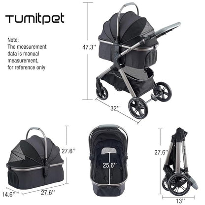 Pet Stroller for Small Medium Dogs, Cat Carriage Travel System Four Wheel Dog Stroller with Carrier, Zipperless Entry/Cup Holder/Storage Basket