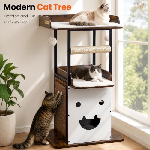 48in Wood Modern Cat Tree for Large Indoor Cats