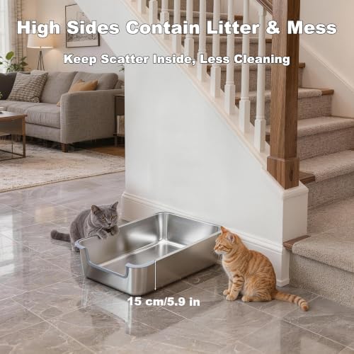 Low Entry Stainless Steel Cat Litter Box, Extra Large Open Top Litter Box