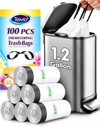 1.2 Gallon 100 Counts Small Drawstring Trash Bags by Teivio, 1.5 Gallon