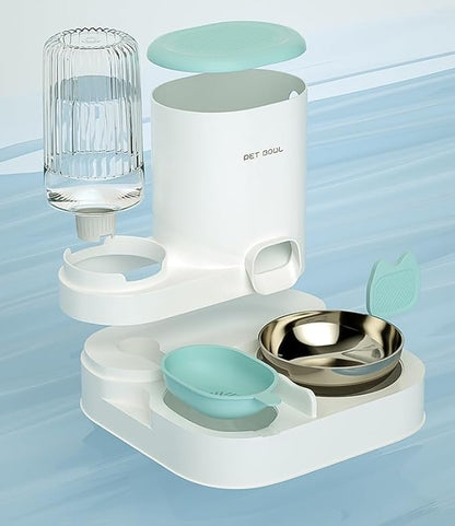 Automatic Cat Feeder & Water Dispenser - Dual Container for Dry/Wet Food, Two-in-One Upgraded Gravity Feeder and Water Dispenser Combo Set for Cats and Dogs. (Grey)