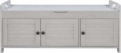Storage Bench with 3 Shutter-Shaped Doors, Wood Shoe Bench with Removable Cushion and Hidden Storage Space for Entryway, Living Room, Hallway 43.5" L*16" W*18" H (Gray Wash Pine)