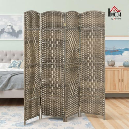 HOMCOM 4 Panel Room Divider 6 Ft Privacy Screen Hand-Woven Dark Rustic Oak