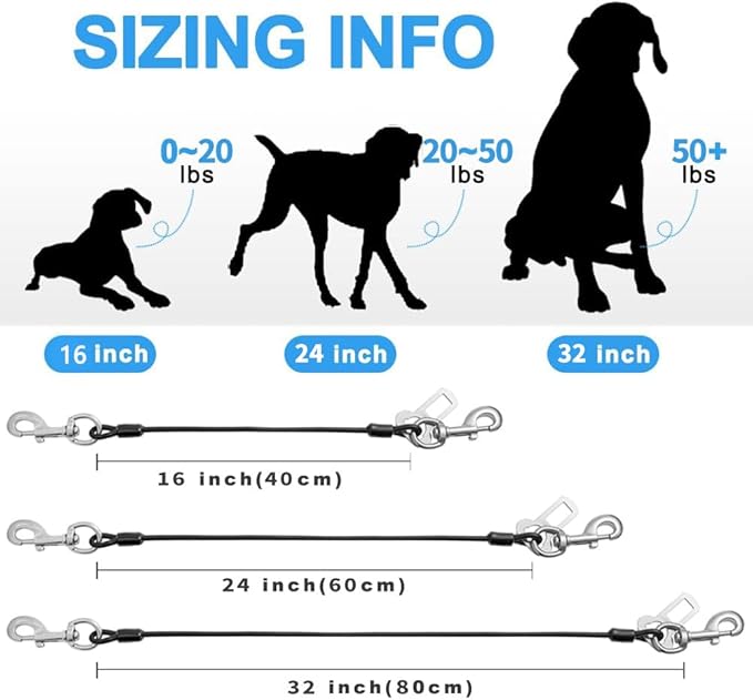 Dog Seat Belt Harness for Car,2pcs Dog Seatbelt of Coated Wire Leash Safety Restraint,No Chew Tether Cable Vehicle Dog Accessories,Double Clips & Latch (2 Pack Black, 16 inch/40 CM)