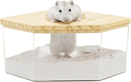 Hamster Sand Bath Box Container, Small Pet Sandbox Lid Design Wooden Sandbox Dust Bath, Transparent Bathroom & Digging Box Acrylic Syrian Hamster Litter Box Small Animal Accessories (D Large)