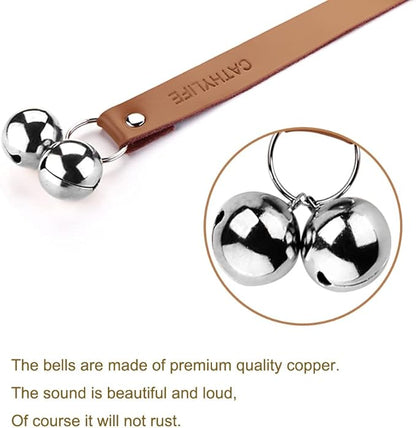 Leather Dog Doorbells for Door Knob/Potty Training/Go Outside, Length Adjustment Copper Dog Bell, Housetraining Hanging Bell, Brown Leather Silver Bells.
