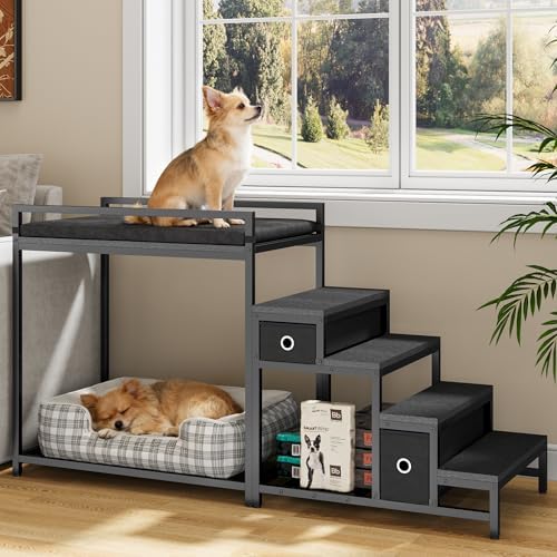 kepptory Pet Bunk Bed with Stairs and Storage, Dog Beds Attachment to Human Bed