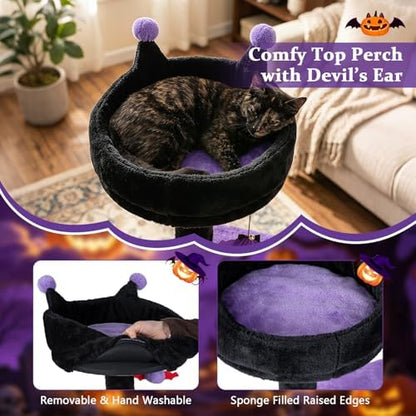 PETSITE 57-inch Gothic Cat Tree, Bat-Shaped Dangling Ball, Comfy Condo