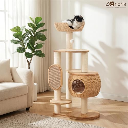 Modern Cat Tree，Cat Tower with Scratching Post, Handwoven Pumpkin Nests and
