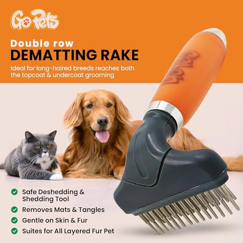 GoPets Double Row Dematting Rake Undercoat Deshedding Tool
