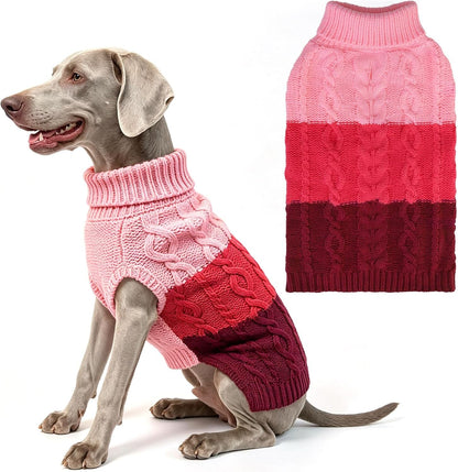 Color Block Cable Knit Dog Sweater – Turtleneck Pullover XS–XL