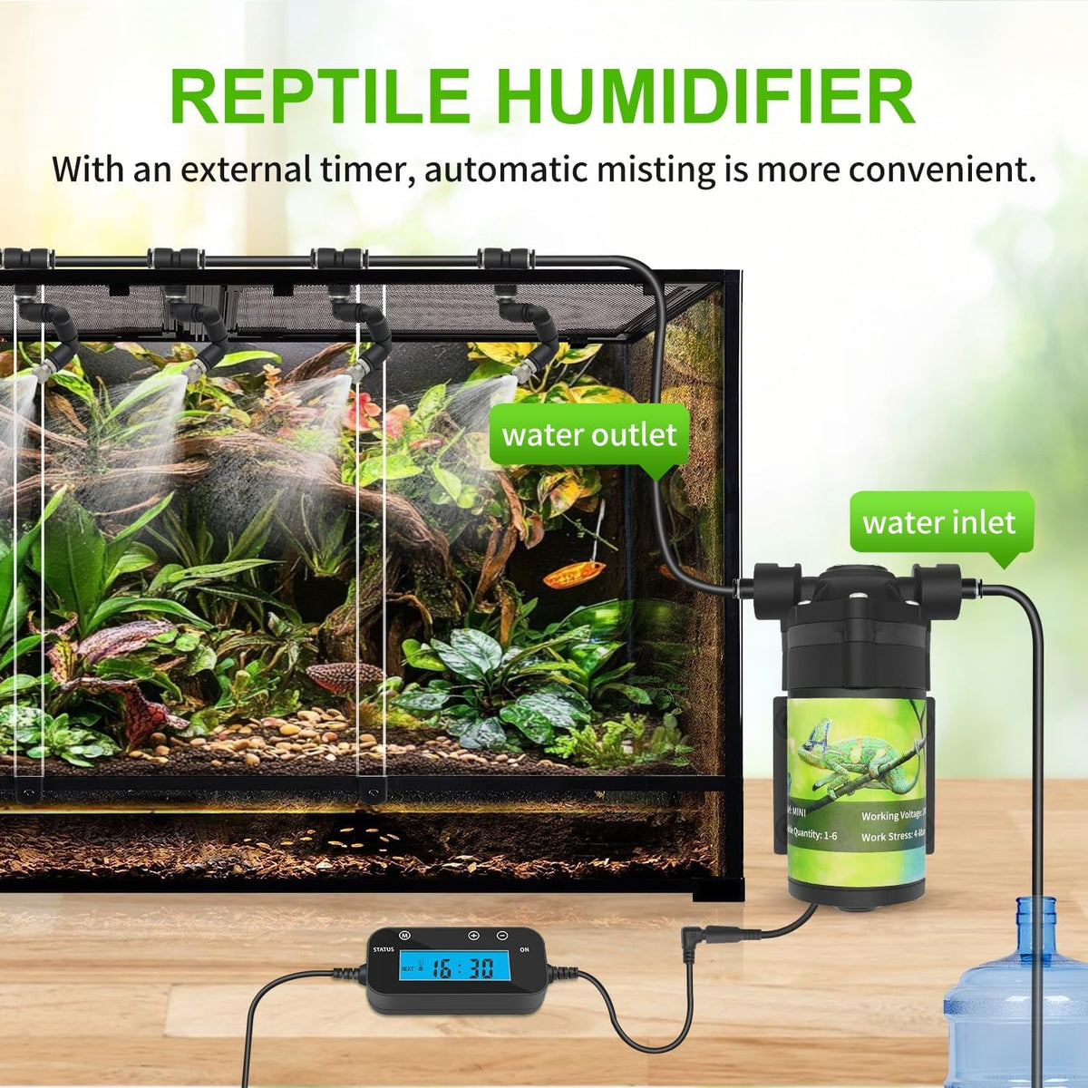 Automatic Reptile Mister System with Timer & 6 Adjustable Nozzles