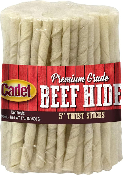 Cadet Beef Hide Rawhide Twists 5-Inch Dog Chews 100 Count Long Lasting