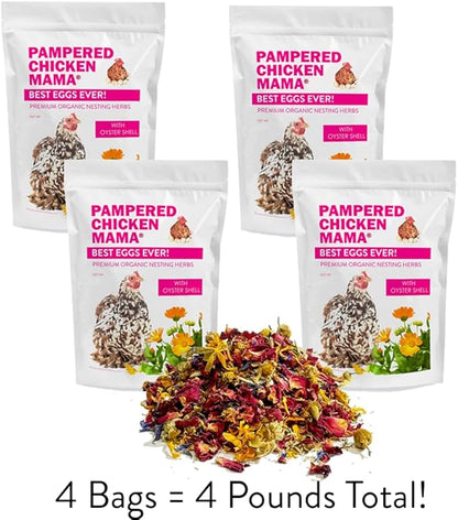 Pampered Chicken Mama Best Eggs Ever! Nesting Herbs for Chickens (4 Pounds) for Chicken Nesting Boxes Calcium Supplement for Chickens | Chicken Feed Supplies, Hen Treats for Coops (4 Bags)