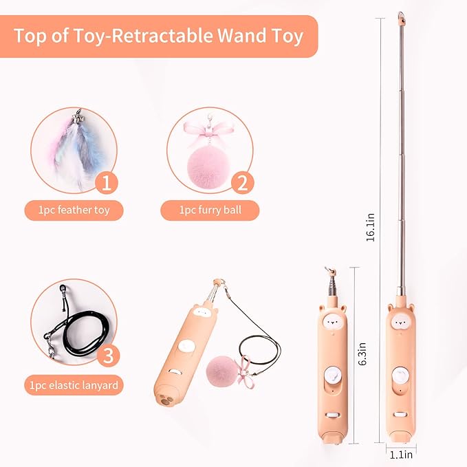 2-in-1 Cat Laser Pointer Toy – Rechargeable with 3+5 Light Modes & Retractable Feather Wand